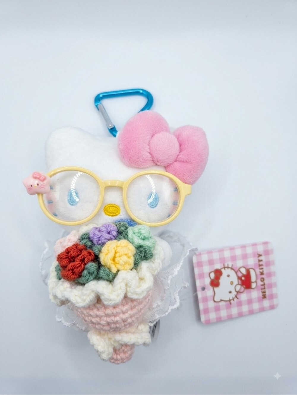 Hello Kitty Plush Keychain with Pink Bow and Yellow Glasses